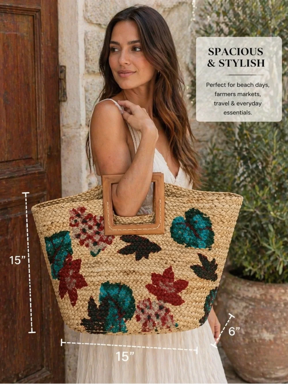 Antik Kraft Handwoven Straw Jute Tote with Wooden Handles – Floral Print Bag - Picture 3 of 3